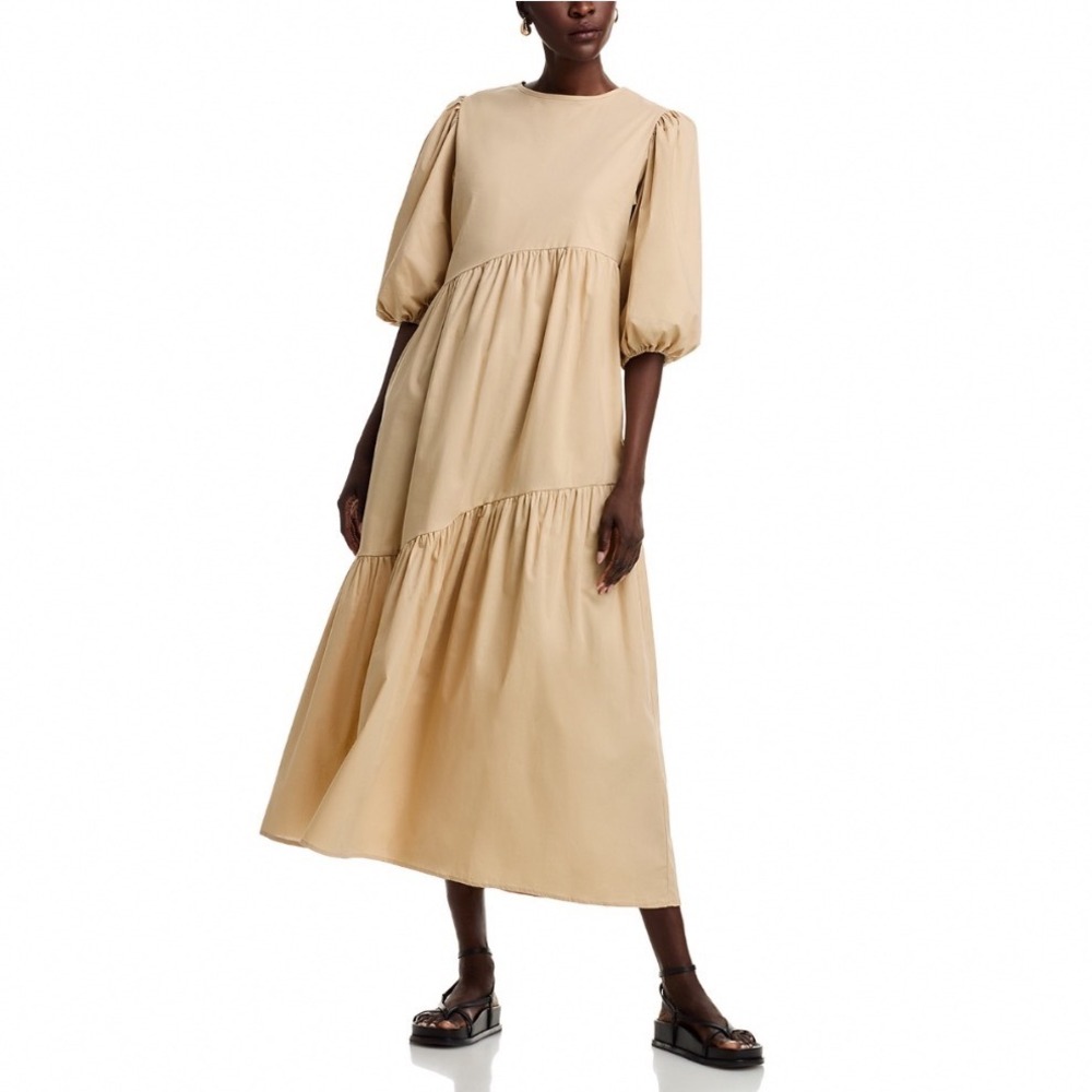 The Lulo Project Armenia Dress Camel Tan Tiered Puff Sleeve Midi Dress Medium